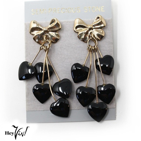Vintage Jewelry - Vintage 1980s Dangle Black Heart Earrings on Card New/Old Store Stock - Hey Viv